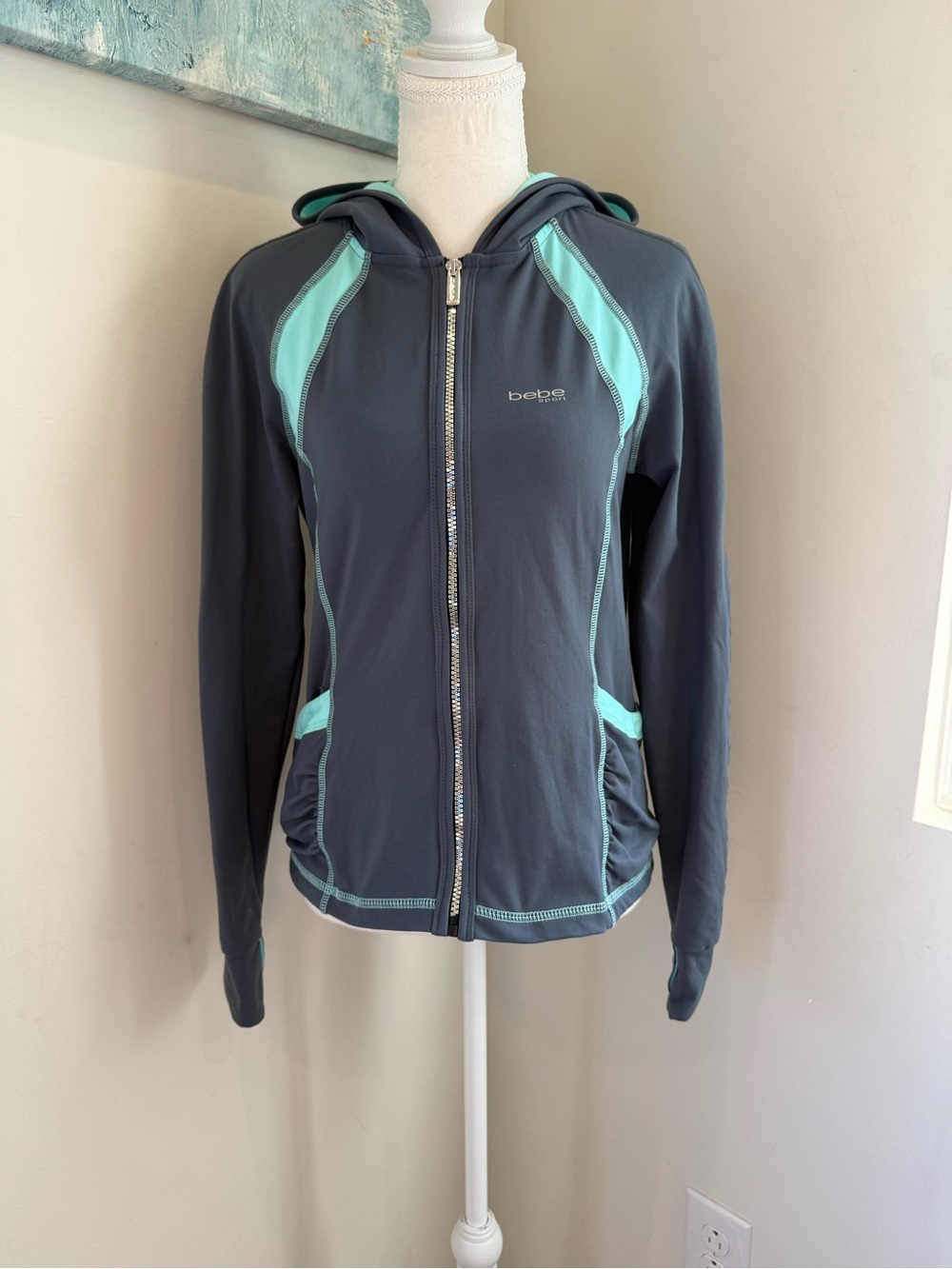 bebe Gray and Aqua Zip-Up Hooded Jacket
